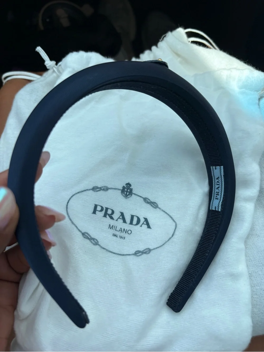 Prada Navy Headband with Subtle Logo Tag
